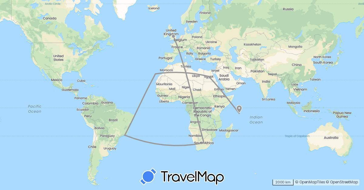 TravelMap itinerary: plane in Brazil, Egypt, Spain, United Kingdom, Seychelles, South Africa (Africa, Europe, South America)